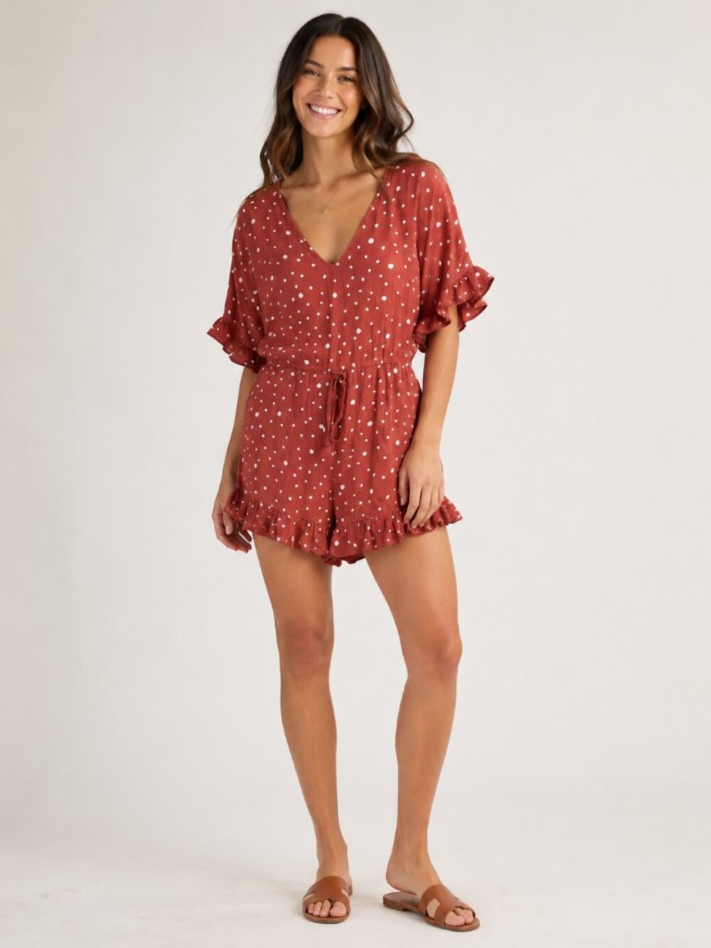 Allie Rose Polka Dot Ruffle Hem Romper With Tie Back & Short Sleeves - Size S